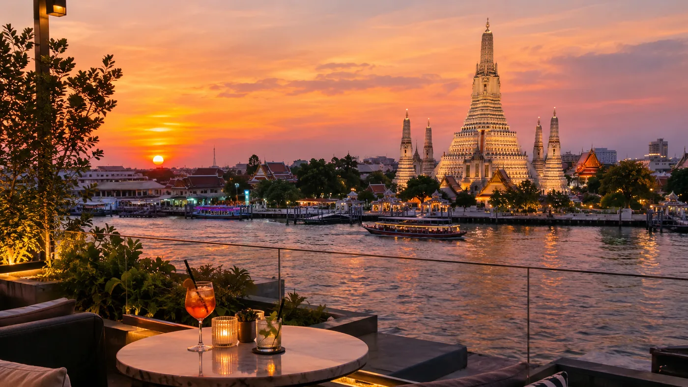 พระอาทิตย์ตกจากระเบียงรูฟท็อปฝั่งตะวันออก พระปรางค์วัดอรุณเรืองรองอยู่อีกฝั่งแม่น้ำ